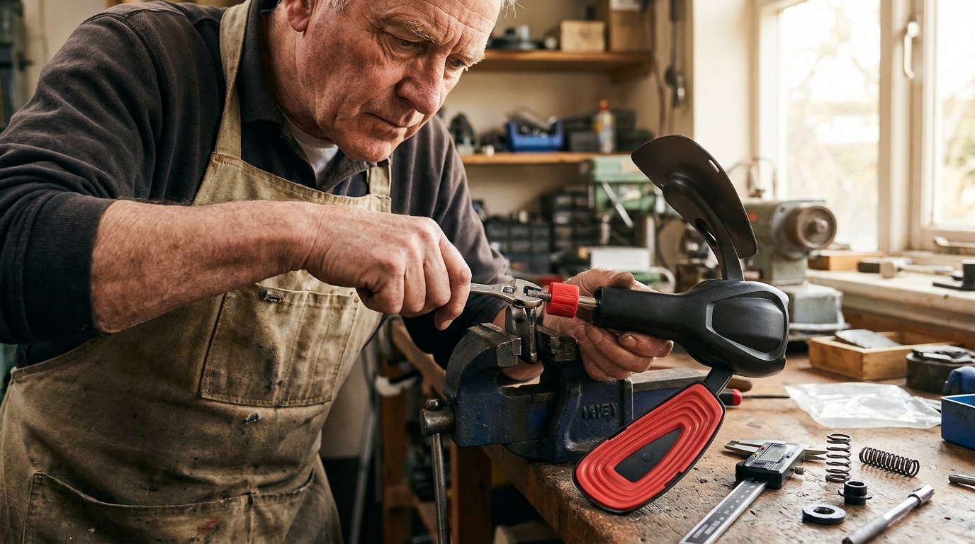 Eddie, our toolmaker, tensioning and testing a SteadyHip resistance mechanism by hand