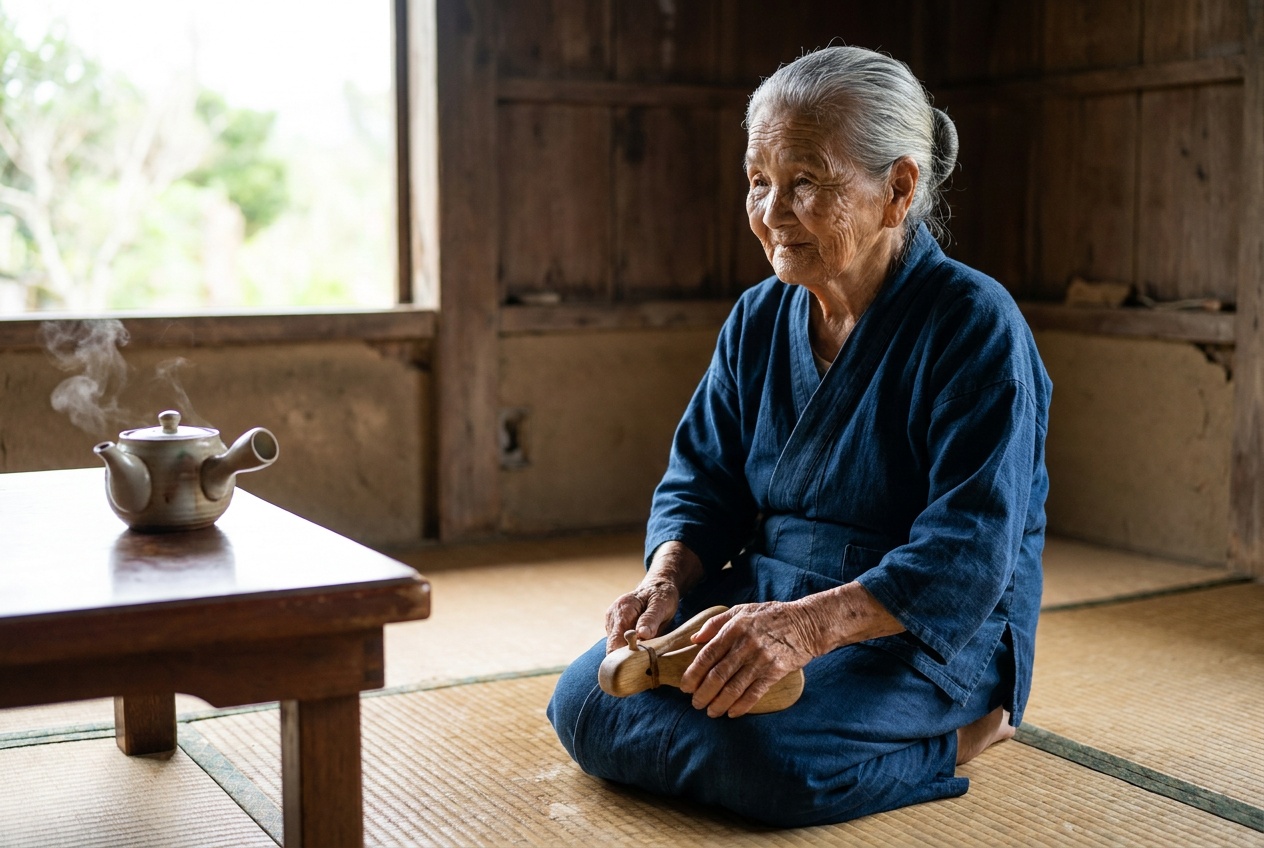 Fumiko, 94, squeezing her worn wooden training paddles between her knees