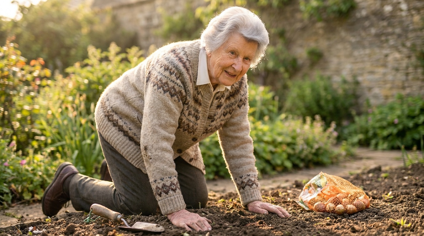 An older woman rising unaided from kneeling in her garden, steady and certain